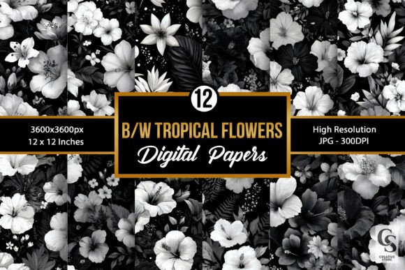 Black White Tropical Flowers Patterns