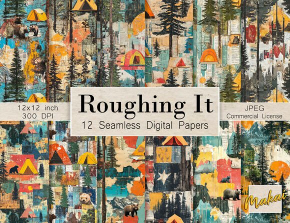 Embrace the Outdoors with 12 Seamless Camping Collage Patterns