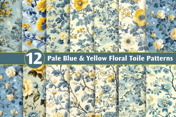 Pale Blue Yellow Floral Toile Patterns