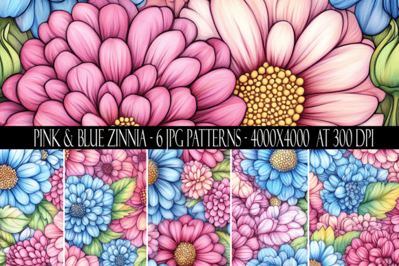 Pink and Blue Zinnia Seamless Patterns